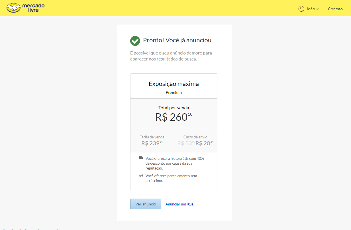 Anúncio finalizado no Mercado Livre